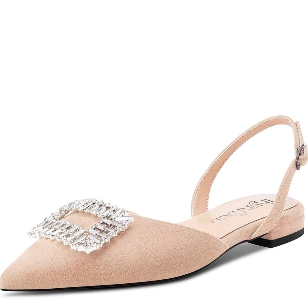 Low Heel Pointed Toe Flats Shoes Slingback Rhinestone Crystal